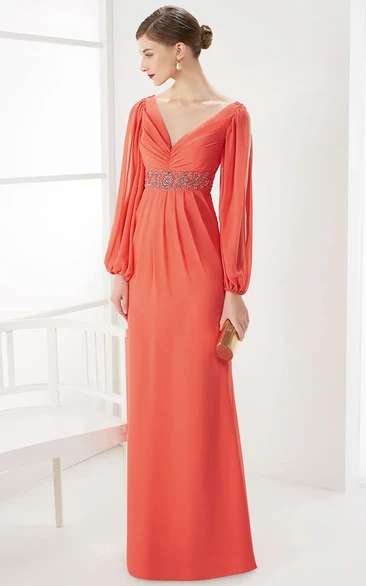 Long Split Sleeve Prom Dress with V-Neck and V-Back Modern Empire Dress