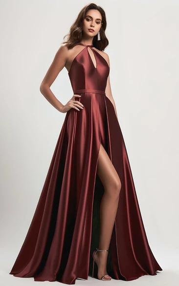 Satin A-Line Halter Sleeveless Prom Dress with Front Split and Train Modern & Ethereal Prom Dress