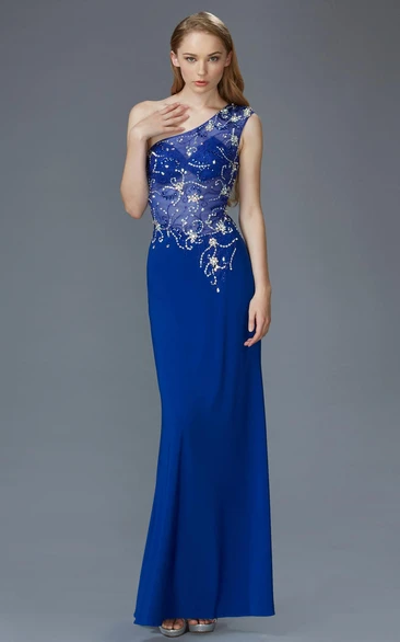 One-Shoulder Sheath Jersey Dress with Illusion and Beading for Prom