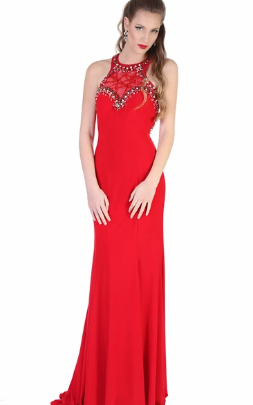 Sheath Beaded Sleeveless Jersey Evening Dress with Scoop-Neck Floor-Length