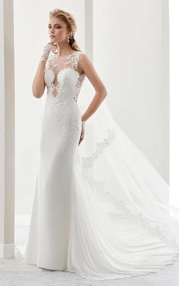 Lace Sheath Wedding Dress with Cap Sleeves Illusion Details and Court Train