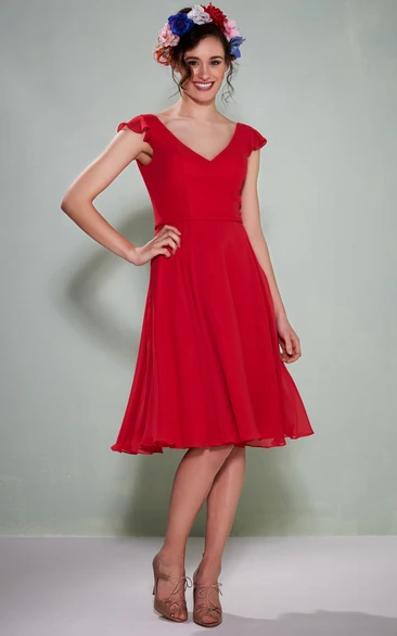 Cap Sleeve V-Neck Chiffon Knee-Length Bridesmaid Dress Elegant 2024 Women's Dress