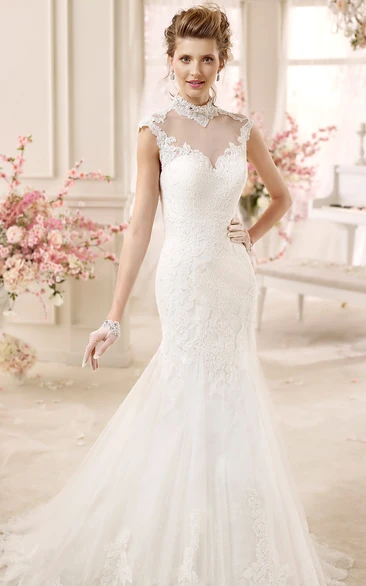 High-Neck Cap-Sleeve Mermaid Wedding Dress with Open Back and Illusive Design