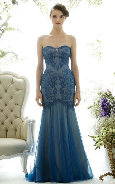 Long Lace&Tulle Prom Dress with Backless Style Trumpet Sweetheart Sleeveless Dress