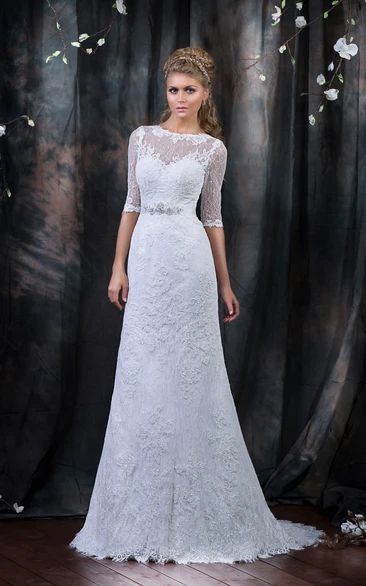 Bateau Neckline Lace Dress with Half Sleeves and Ribbon Detail