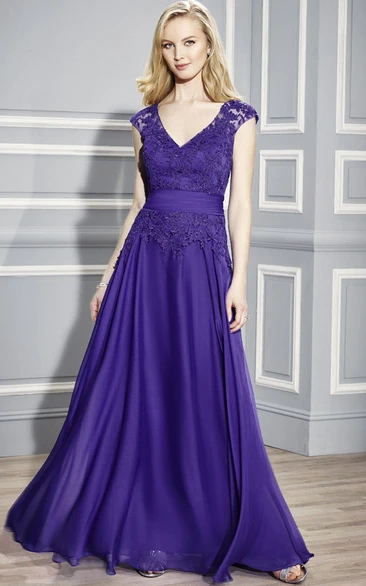 Chiffon A-Line Formal Dress with Cap Sleeves and V-Neck Appliques