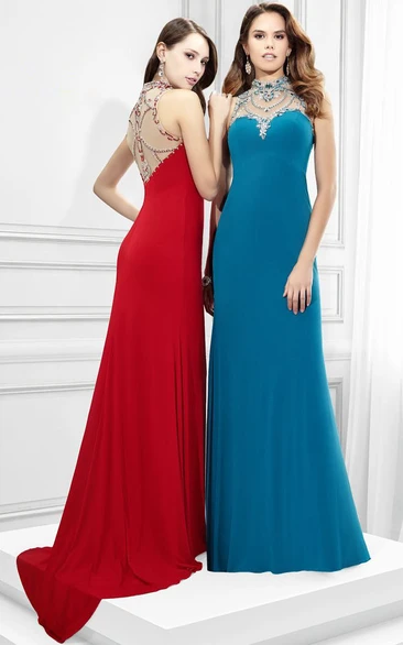 Beaded Jersey Prom Dress Sleeveless Sheath Style