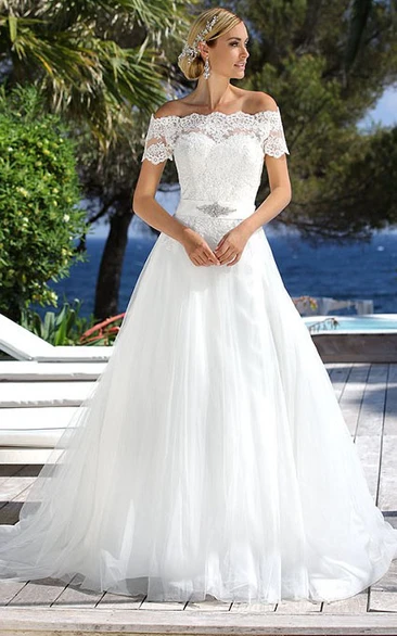 Off-The-Shoulder Tulle Wedding Dress with Jeweled Appliques Floor-Length