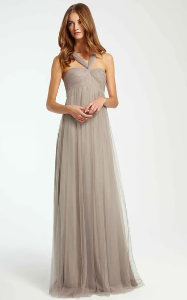 Sleeveless Ruched Tulle Bridesmaid Dress with Strappy Design