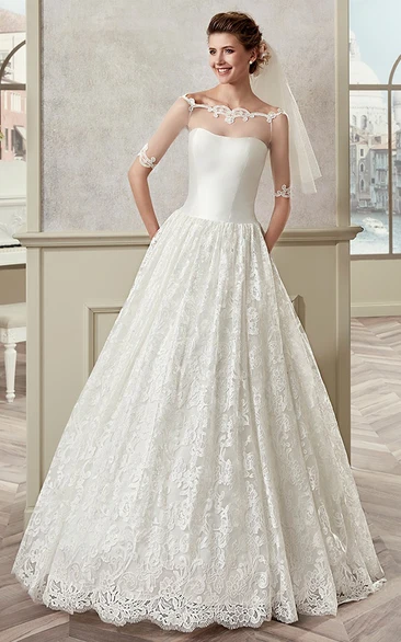 Off-Shoulder A-Line Wedding Dress with Half Sleeves and Illusion Design