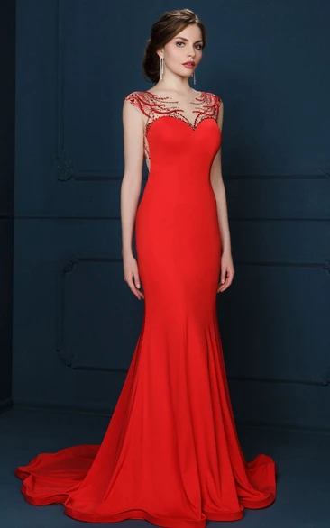 Beaded Cap-Sleeve Sheath Prom Dress with Floor-Length and Scoop-Neck
