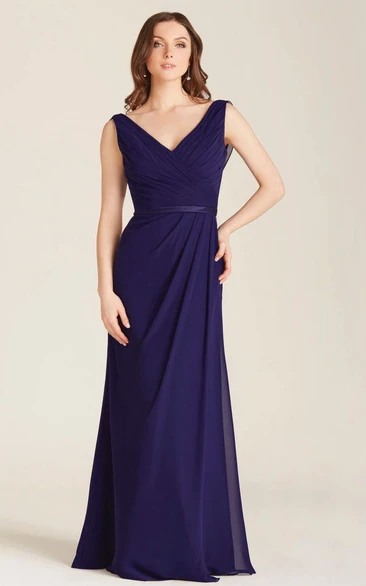 Chiffon V-Neck Bridesmaid Dress with Criss-Cross Straps Sleeveless Floor-Length Dress