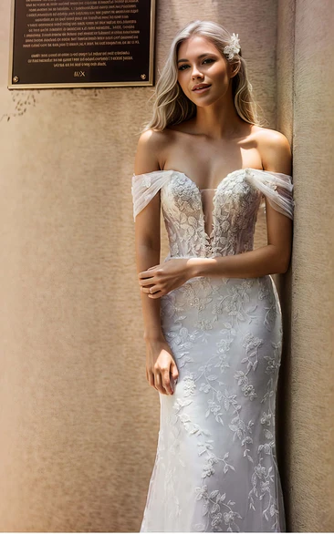 Romantic Sexy Tulle Lace Mermaid Off-the-shoulder Plunging Neckline Wedding Dress Floor-length Sleeveless Appliques Bridal Gown with Open Zipper Back Court Train