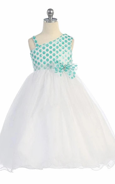 One-Shoulder Tulle&Sequins Flower Girl Dress with Bows Tea-Length Wedding Dress