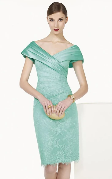 Satin V Neck Cap Sleeve Sheath Knee Length Lace Prom Dress Turquoise