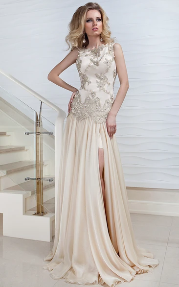 Jewel-Neck Satin Sleeveless Sheath Prom Dress with Split-Front Beading and Appliques
