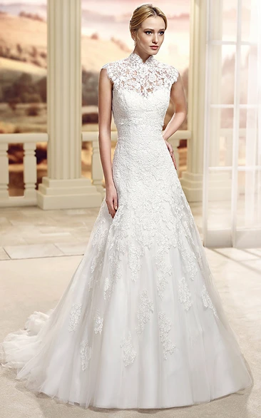 A-Line High-Neck Appliqued Lace Floor-Length Wedding Dress