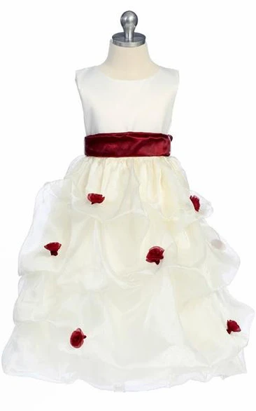 Organza Ruched Tea-Length Flower Girl Dress with Satin Bow