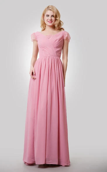 Cap Sleeve V-Neck Chiffon Dress Unique Bridesmaid Dress