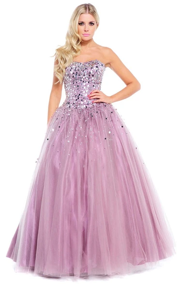 Sequined Tulle Strapless Prom Dress Ball Gown Style with Beading and Bow