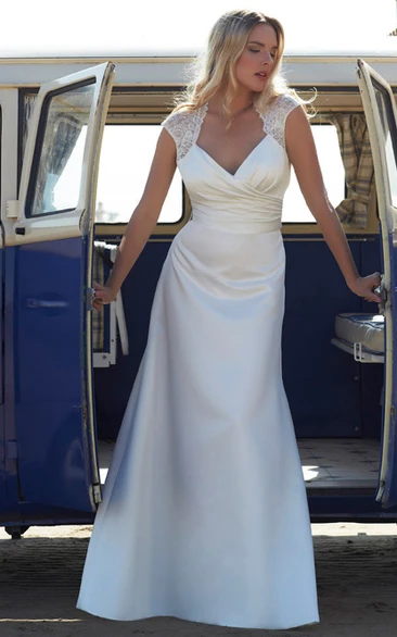 Satin Chiffon Wedding Dress with Cap-Sleeves and Sweep Train V-Neck Ruching