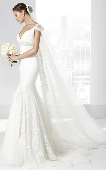 Mermaid Appliqued Lace Wedding Dress with Cap-Sleeve and Waist Jewellery