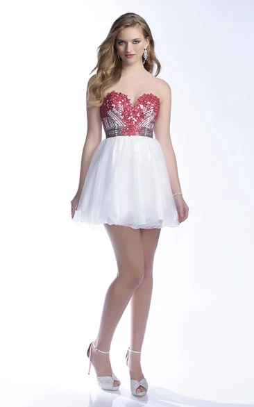 Mini Tulle Sweetheart Prom Dress with Floral Sequins and Beaded Bodice