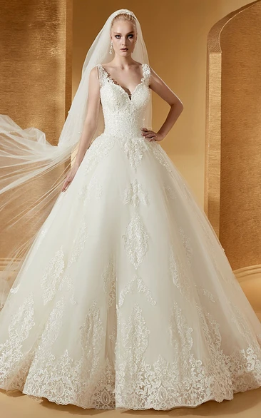 Cap Sleeve V-Neck Ball Gown with Lace Bodice Elegant Bridal Gown