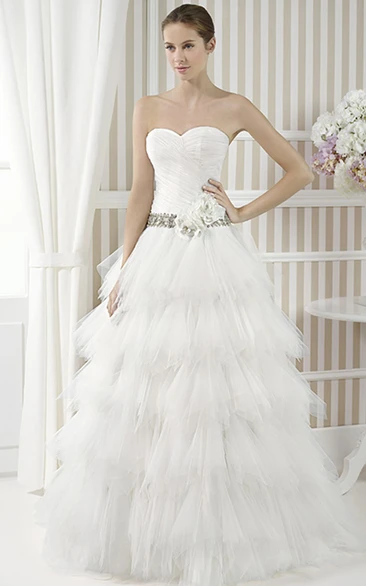 Tiered Tulle Wedding Dress with Flower and Criss Cross A-Line Sweetheart