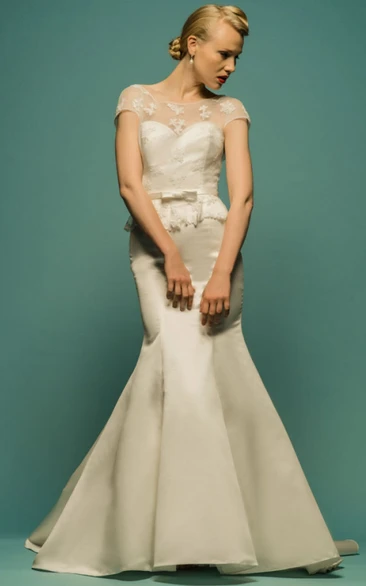 Mermaid Maxi Satin Wedding Dress with Peplum and Short Sleeves