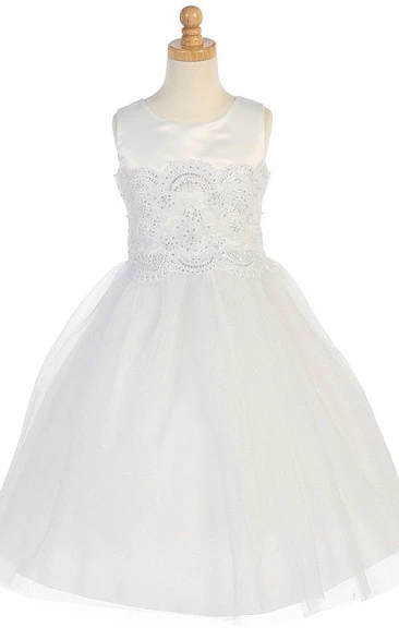 Floral Appliqued Tea-Length Flower Girl Dress with Beading and Tiers