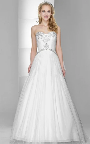 Ruched Tulle & Satin Wedding Dress with Beading A-Line