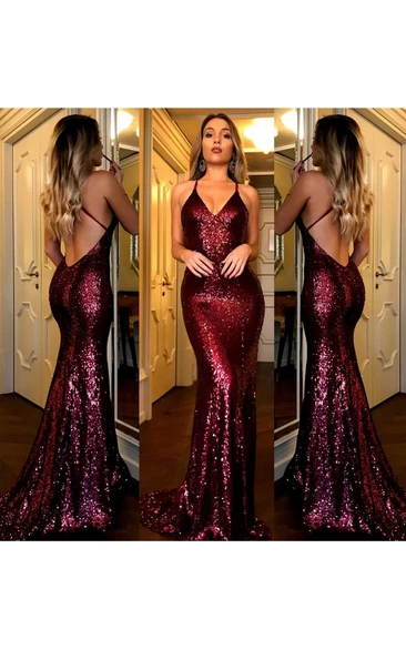 Sparkling Spaghetti Strap Sequin Mermaid Prom Dress with Sweep Train