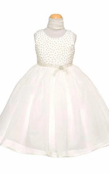 Organza & Satin Beaded Cap-Sleeve Tea-Length Flower Girl Dress with Cape