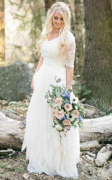 Bohemian V-Neck Half Sleeve Lace Country Wedding Dress