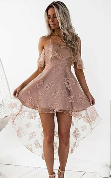 High-low Lace Spaghetti Strap A-line Flower Ruffles Homecoming Dress