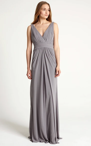 Floor-Length Sleeveless Ruched V-Neck Chiffon Bridesmaid Dress Classy Floor-Length Sleeveless Ruched Chiffon Bridesmaid Dress