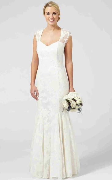 Appliqued Cap-Sleeve Sheath Wedding Dress Elegant Bridal Gown