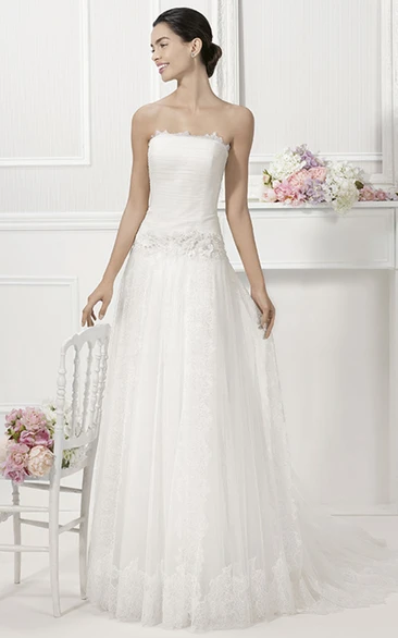 Tulle Drop Waist Bridal Gown with Removable Sleeves Strapless Lace Cap Sleeves