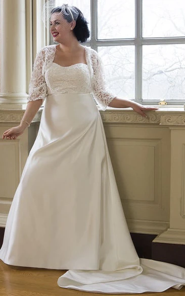 Lace Bodice Taffeta Wedding Dress with 3/4 Sleeve Jacket Elegant Bridal Gown