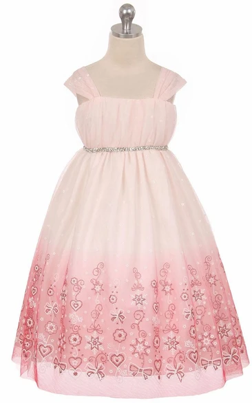 Floral Pleated Tulle Tea-Length Flower Girl Dress with Beading Elegant Bridesmaid Dress