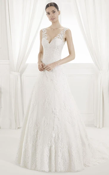 Lace A-Line Wedding Dress with V-Neck and V-Back Illusion