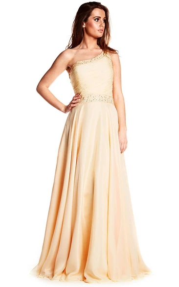 Ruched One-Shoulder Chiffon Prom Dress with Sleeveless and Maxi Length