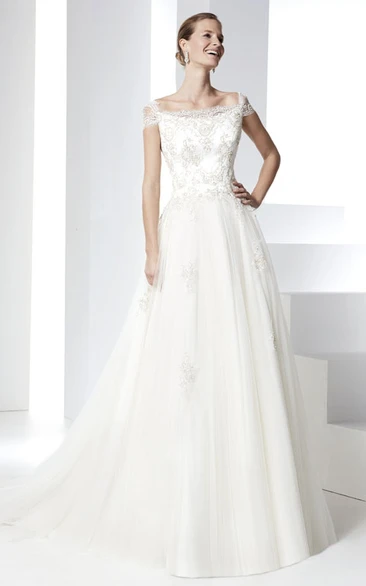 Cap Sleeve Appliqued Tulle Wedding Dress Beautiful A-Line Style