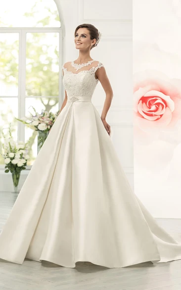 Satin A-line Wedding Dress with Lace Bodice and Cap Sleeves