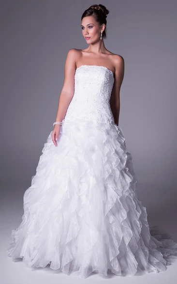 Organza A-Line Wedding Dress with Cascading Ruffles Beading and Strapless Design