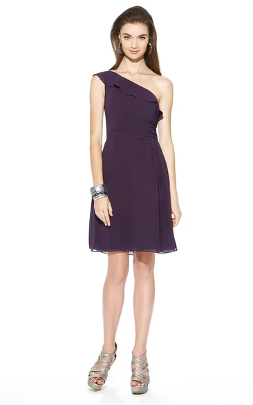 Ruffled Chiffon Bridesmaid Dress One-Shoulder Short A-Line