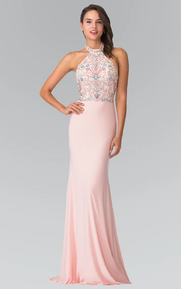 Backless Sheath Formal Dress with High Neck and Beading