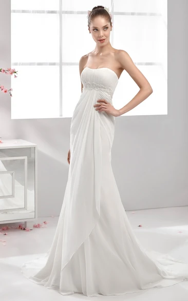 Chiffon Wedding Dress with Pearl Waistline and Draping Strapless Pleated
