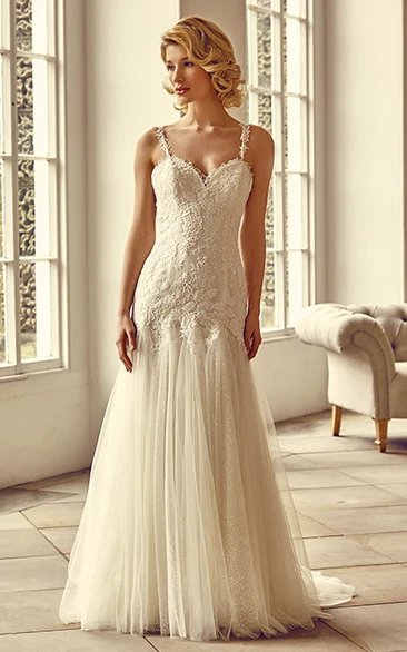 Tulle&Lace Appliqued Straps Wedding Dress with Illusion Floor-Length